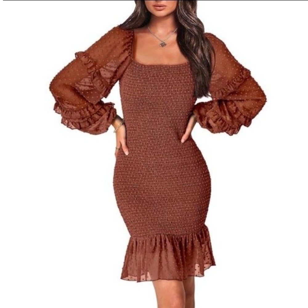 PrettyGarden Chic Rust Brown Swiss Dot Smocked Bodycon Mini Dress Puff Sleeve M